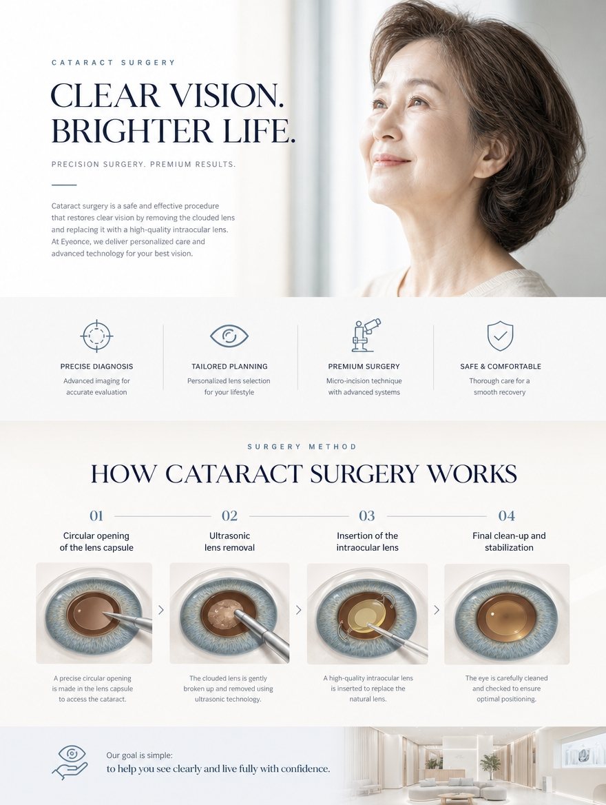 Cataract symptoms, types and premium IOL lens family at EYEONCE Eye Clinic Seoul — panel 4