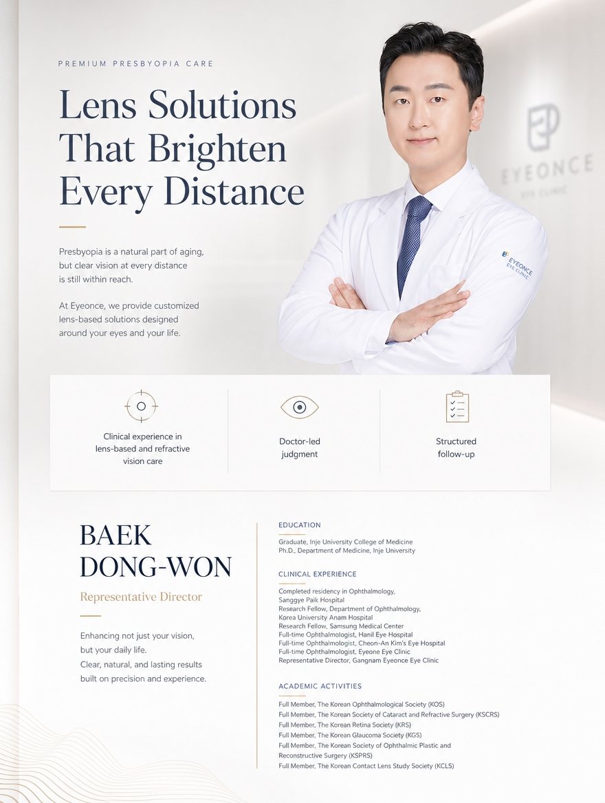 What presbyopia is and doctor-led lens-based care at EYEONCE Eye Clinic Seoul — panel 2