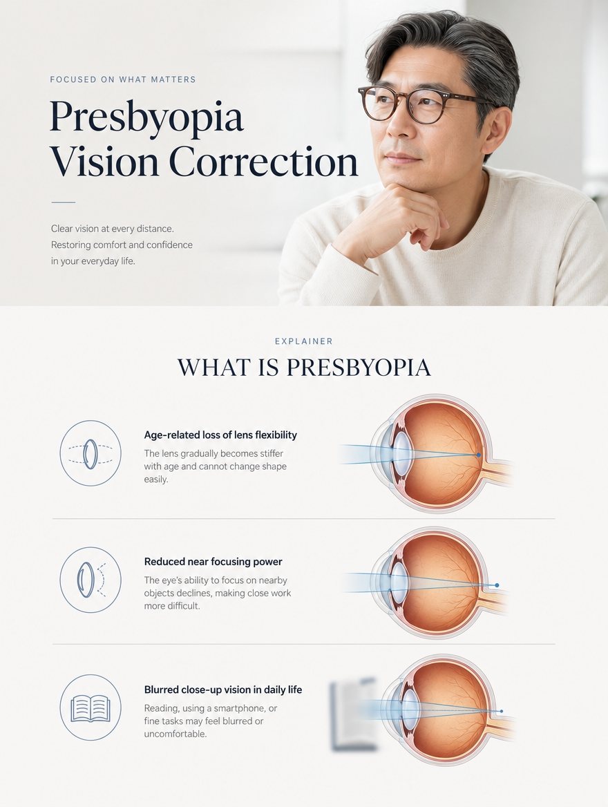 What presbyopia is and doctor-led lens-based care at EYEONCE Eye Clinic Seoul — panel 3