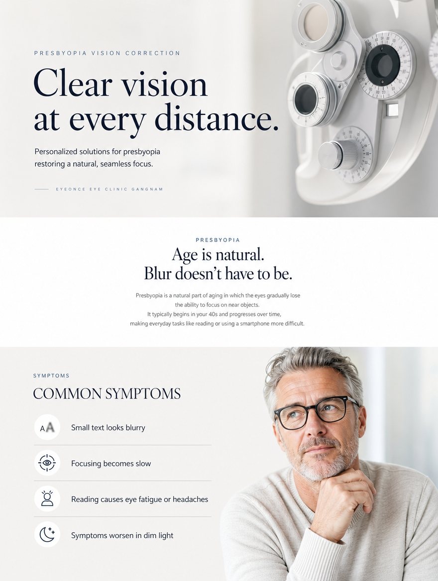 Presbyopia symptoms, treatment options and premium lens selection at EYEONCE Eye Clinic Seoul — panel 4