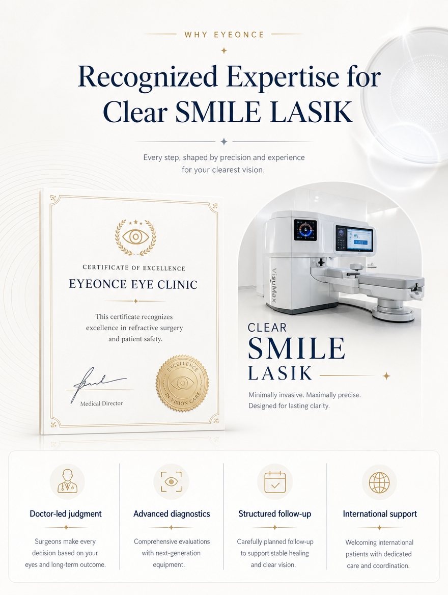 Clear SMILE LASIK accreditation and precision diagnostics at EYEONCE Eye Clinic Seoul — panel 2